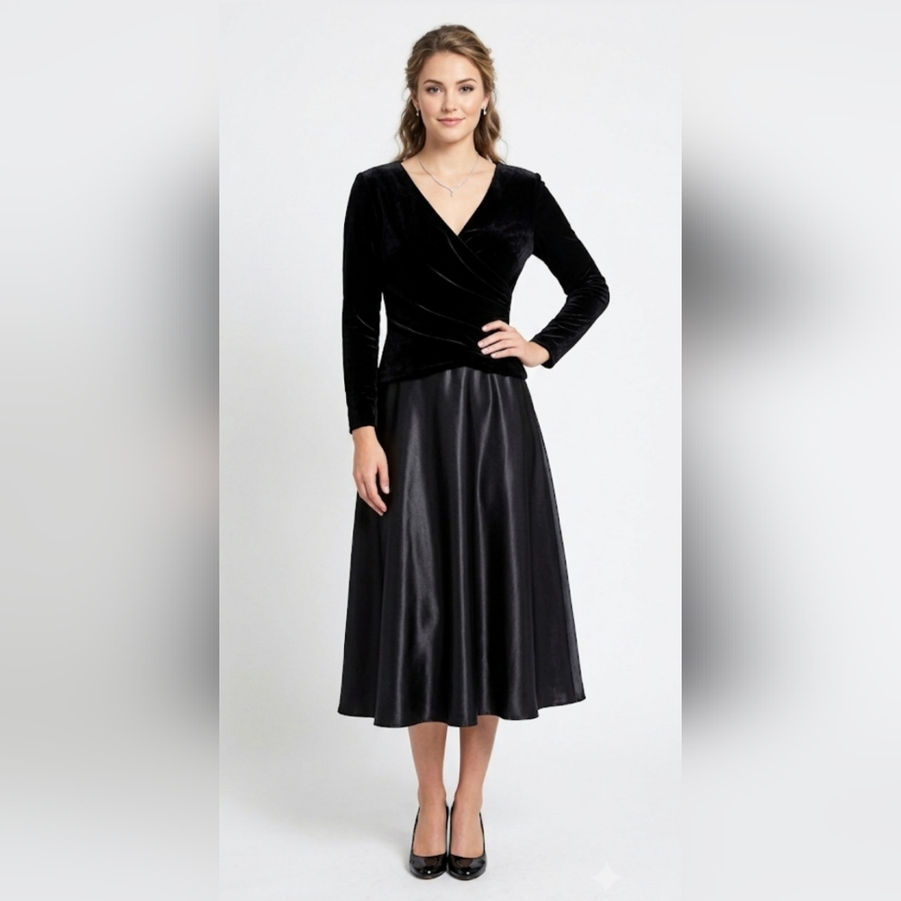 Tadashi Shoji Vintage Black Velvet & Satin Midi Dress - Size 12